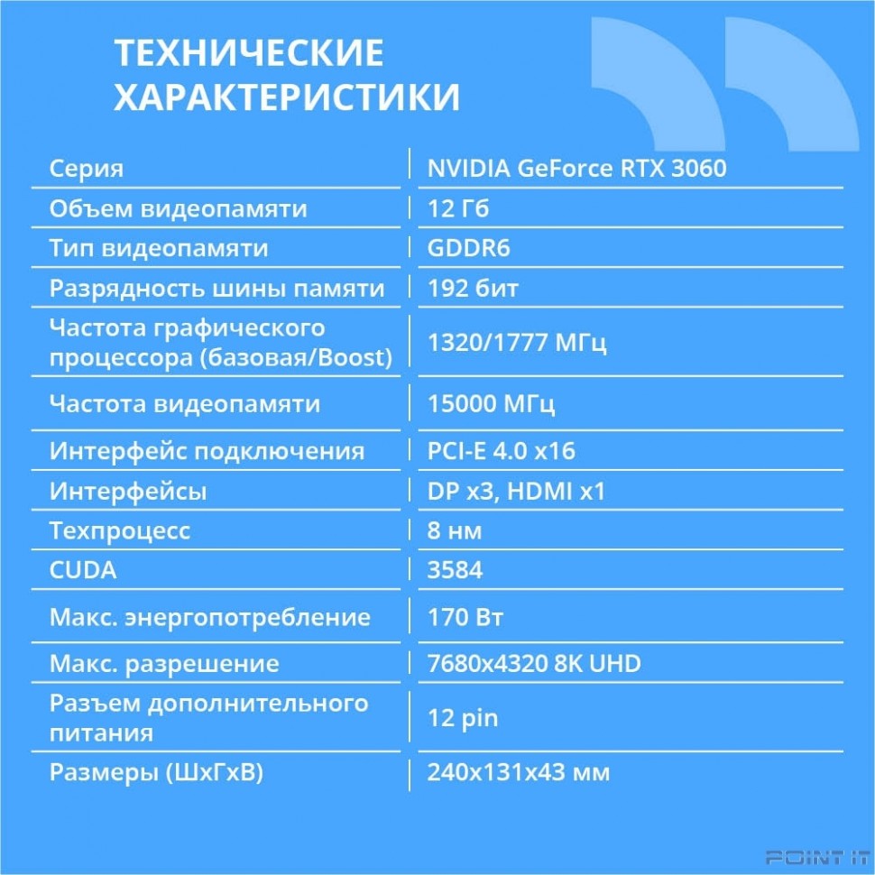 Видеокарта CBR RTX3060 12Gb GDDR6, 192bit, 1320-1777Mhz, 3*DP + 1*HDMI 2.1, 170W, Ret [VGA-STX3060-12G-RTL]