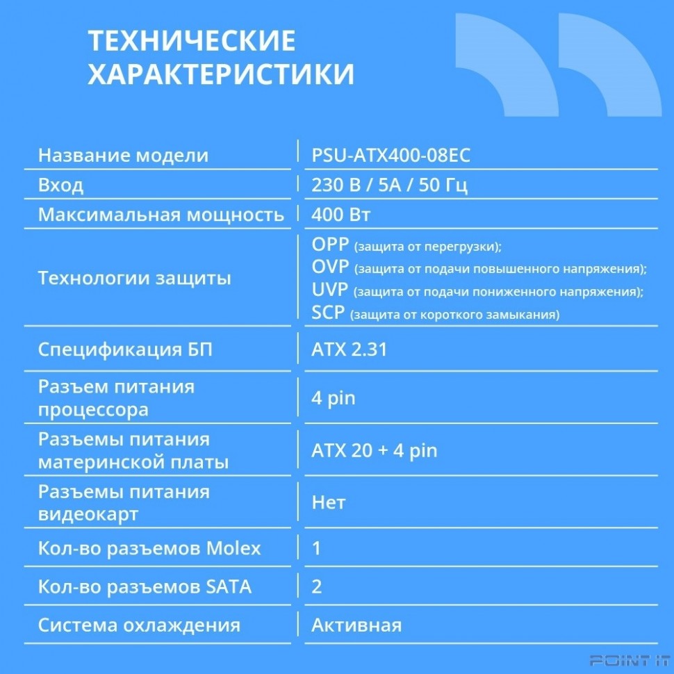 Блок питания CBR ATX 400W, 8cm fan, 20+4pin/1*4pin/1*IDE/2*SATA, кабель питания 1.2м,черный [PSU-ATX400-08EC] OEM