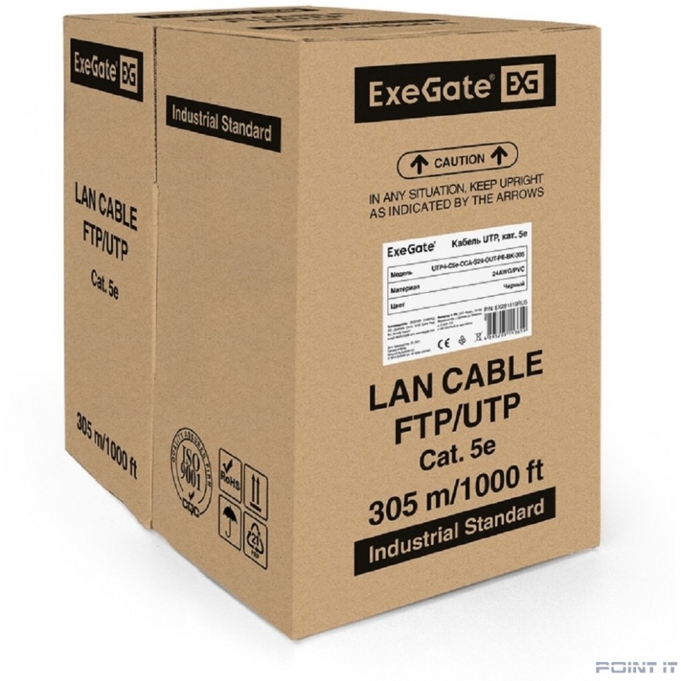 Exegate EX281819RUS Кабель Exegate UTP4-C5e-CCA-S24-OUT-PE-BK-305 UTP 4 пары кат.5e CCA, 24AWG, внешн., без троса, бухта 305м, черн., PE